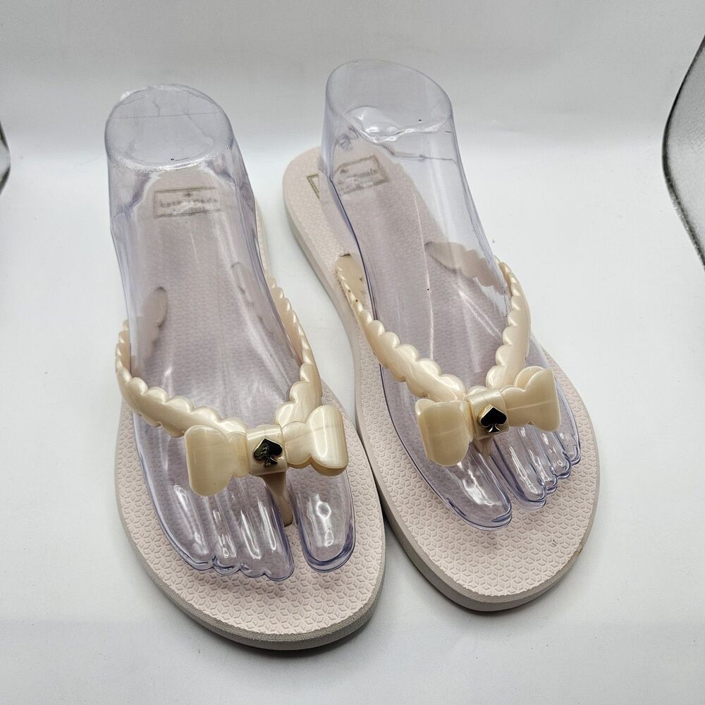 Kate Spade Denise Pink Gold Bow Flip Flops Designer Logo Casual Size 9/10 READ